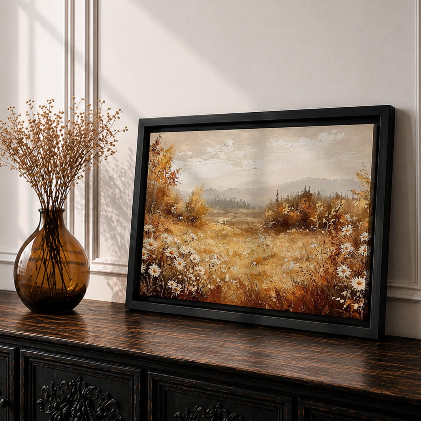 Autumn Meadow Wall Art Prairie Framed Canvas Rustic Fall Wildflower Vintage Cottage Home Decor