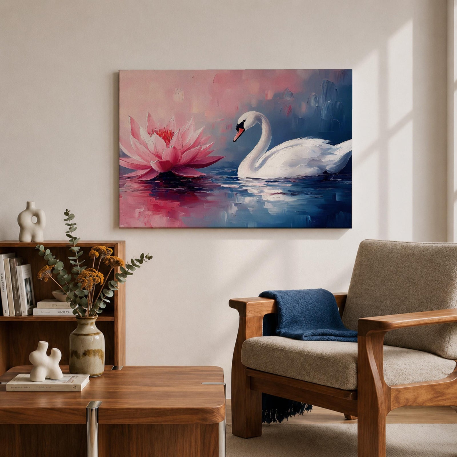Swan Wall Art Lotus Framed Canvas Botanical Pond Floral Boho Home Decor