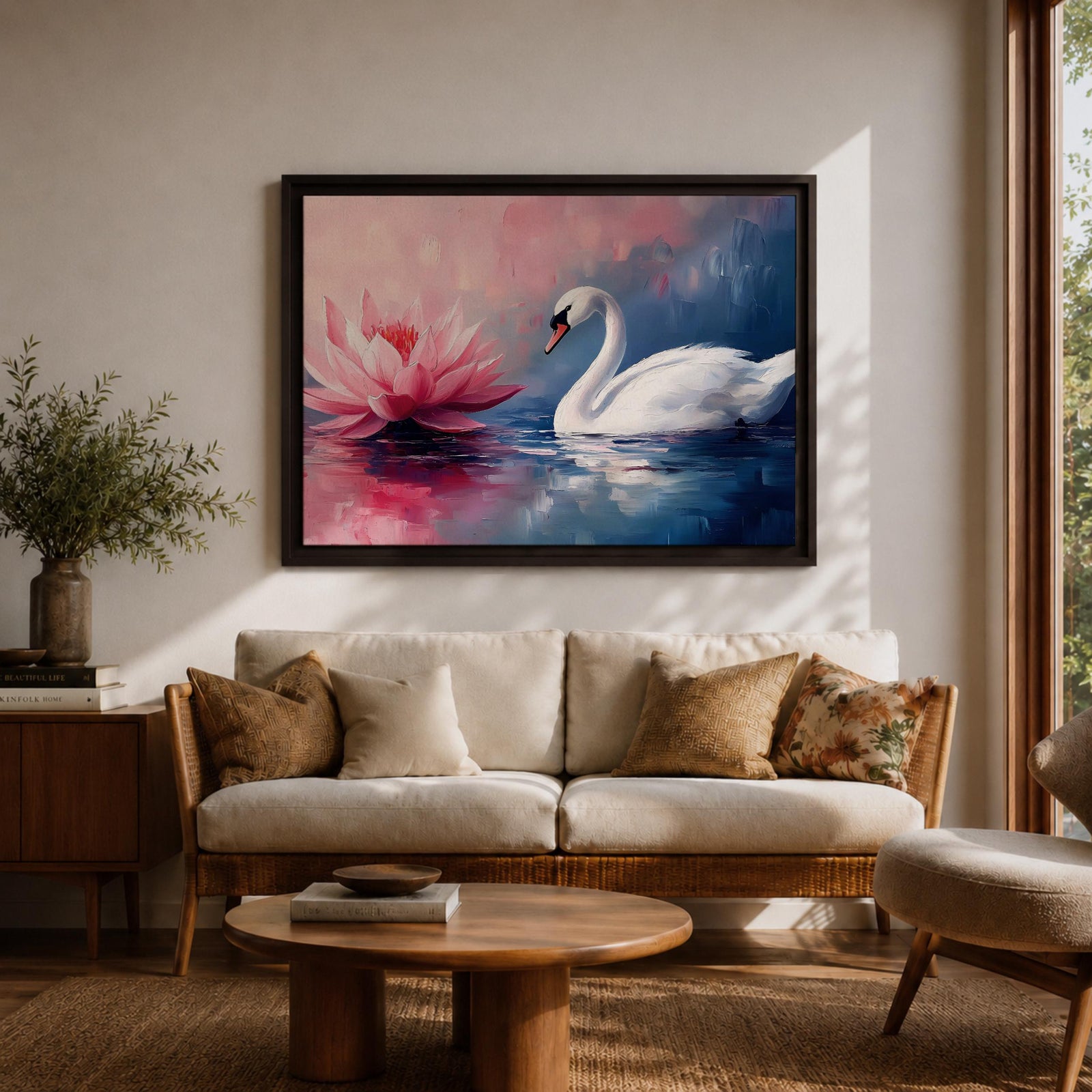 Swan Wall Art Lotus Framed Canvas Botanical Pond Floral Boho Home Decor