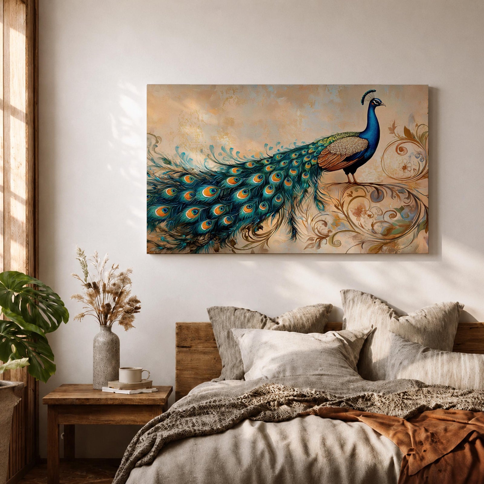 Peacock Wall Art Tropical Bird Framed Canvas Indian Pavo Wildlife Botanical Living Room Decor