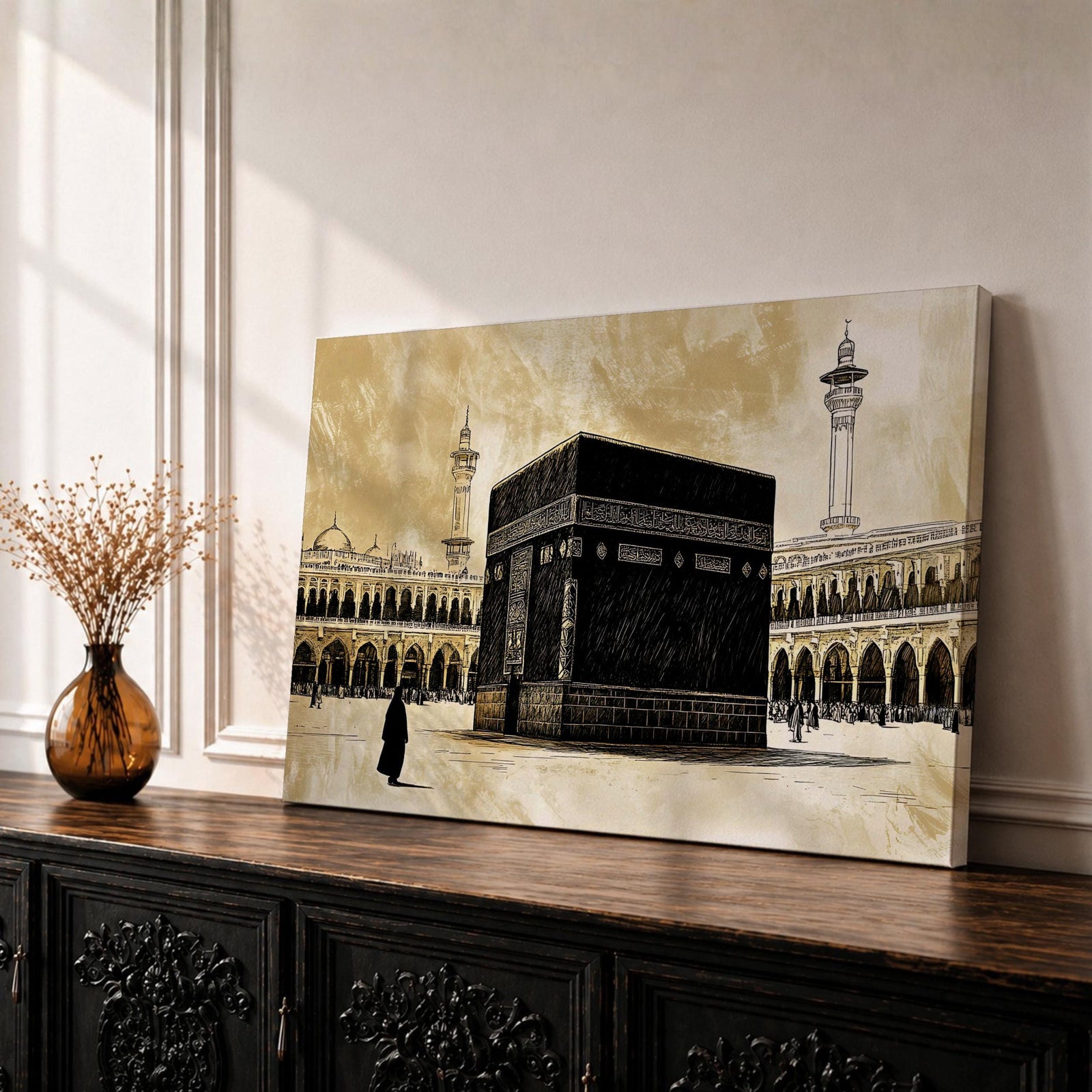 Kaaba Wall Art Pilgrimage Framed Canvas Masjid Al Haram Vintage Makkah Islamic Home Decor
