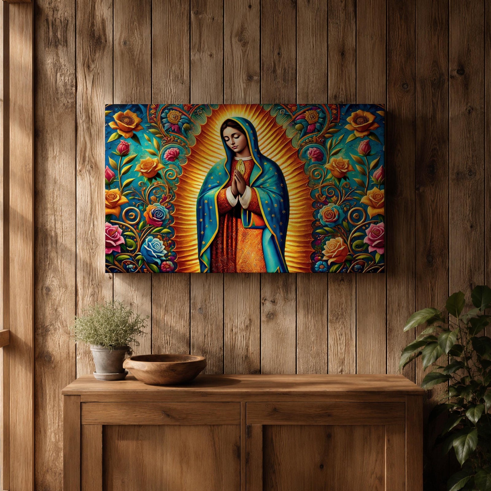 Our Lady of Guadalupe Wall Art Virgin Mary Framed Canvas Mexican Catholic Home Decor