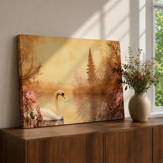 Swan Wall Art Cygnus Framed Canvas Serene Lake Sunset Vintage Cottage Rustic Home Decor