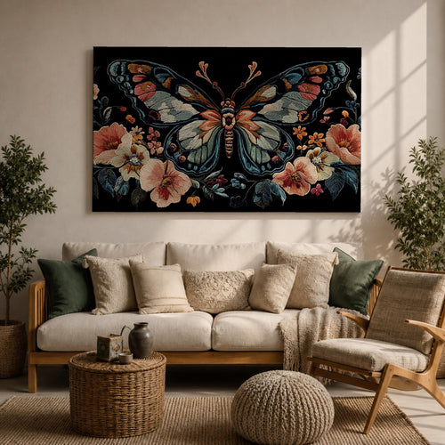Butterfly Wall Art Luna Moth Framed Canvas Botanical Embroidery Vintage Floral Bedroom Decor