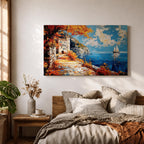 Autumn Coastal Wall Art Mediterranean Village Seascape Framed Canvas Impasto Living Room Decor