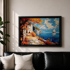 Autumn Coastal Wall Art Mediterranean Village Seascape Framed Canvas Impasto Living Room Decor