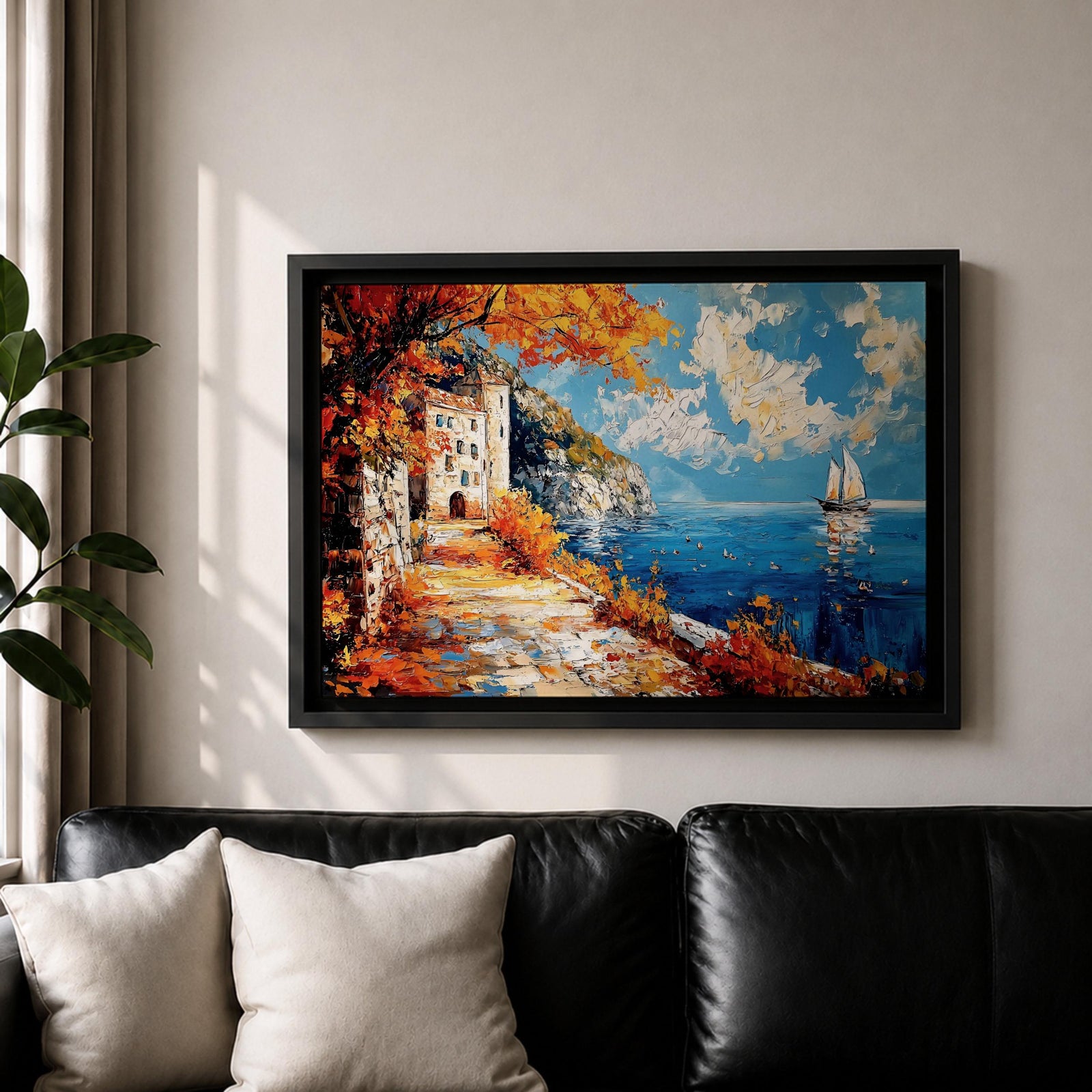 Autumn Coastal Wall Art Mediterranean Village Seascape Framed Canvas Impasto Living Room Decor