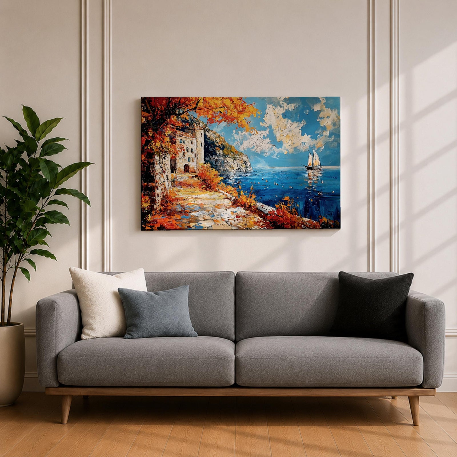 Autumn Coastal Wall Art Mediterranean Village Seascape Framed Canvas Impasto Living Room Decor