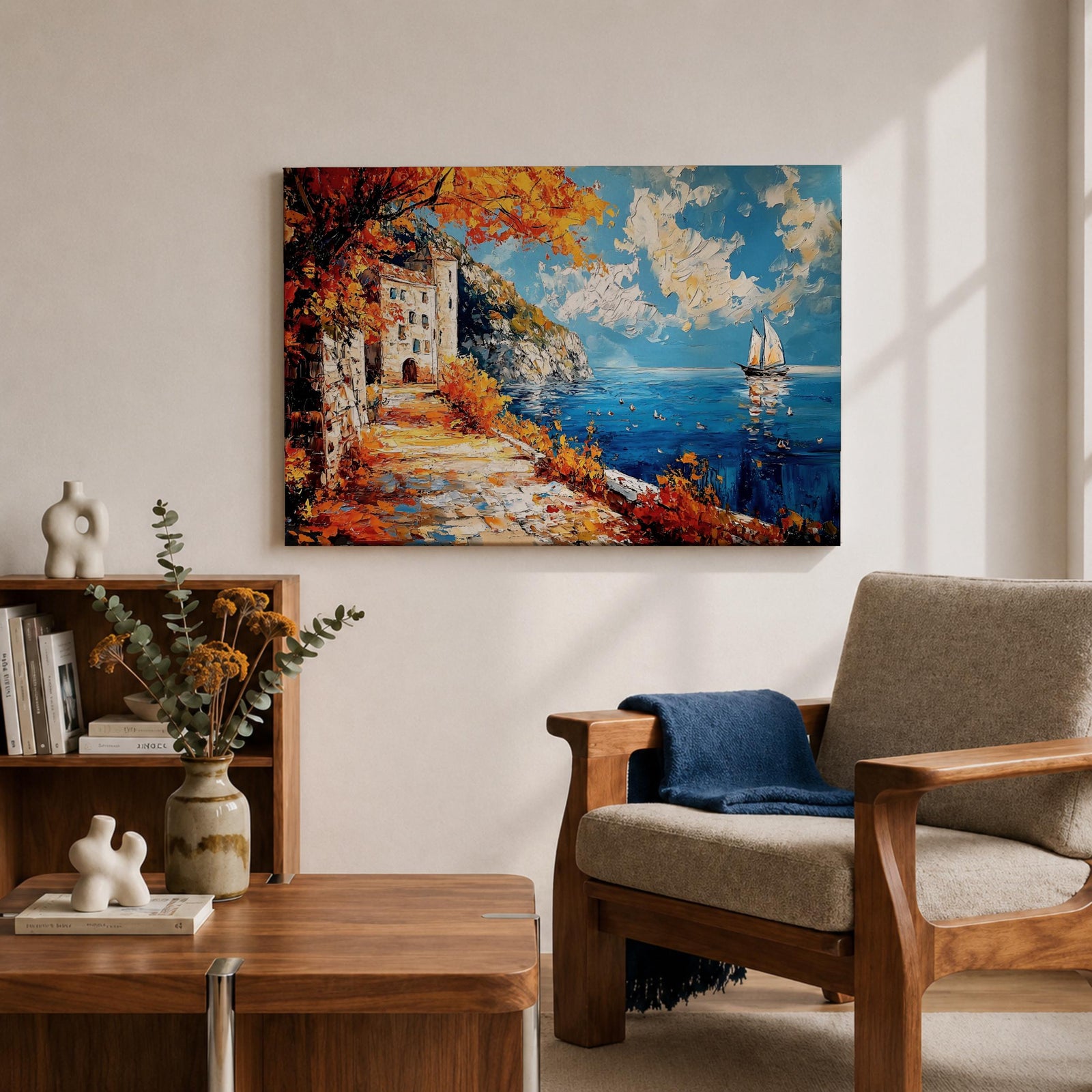 Autumn Coastal Wall Art Mediterranean Village Seascape Framed Canvas Impasto Living Room Decor