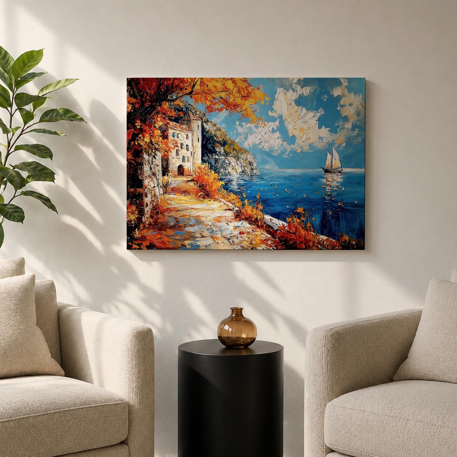 Autumn Coastal Wall Art Mediterranean Village Seascape Framed Canvas Impasto Living Room Decor