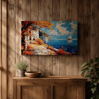 Autumn Coastal Wall Art Mediterranean Village Seascape Framed Canvas Impasto Living Room Decor