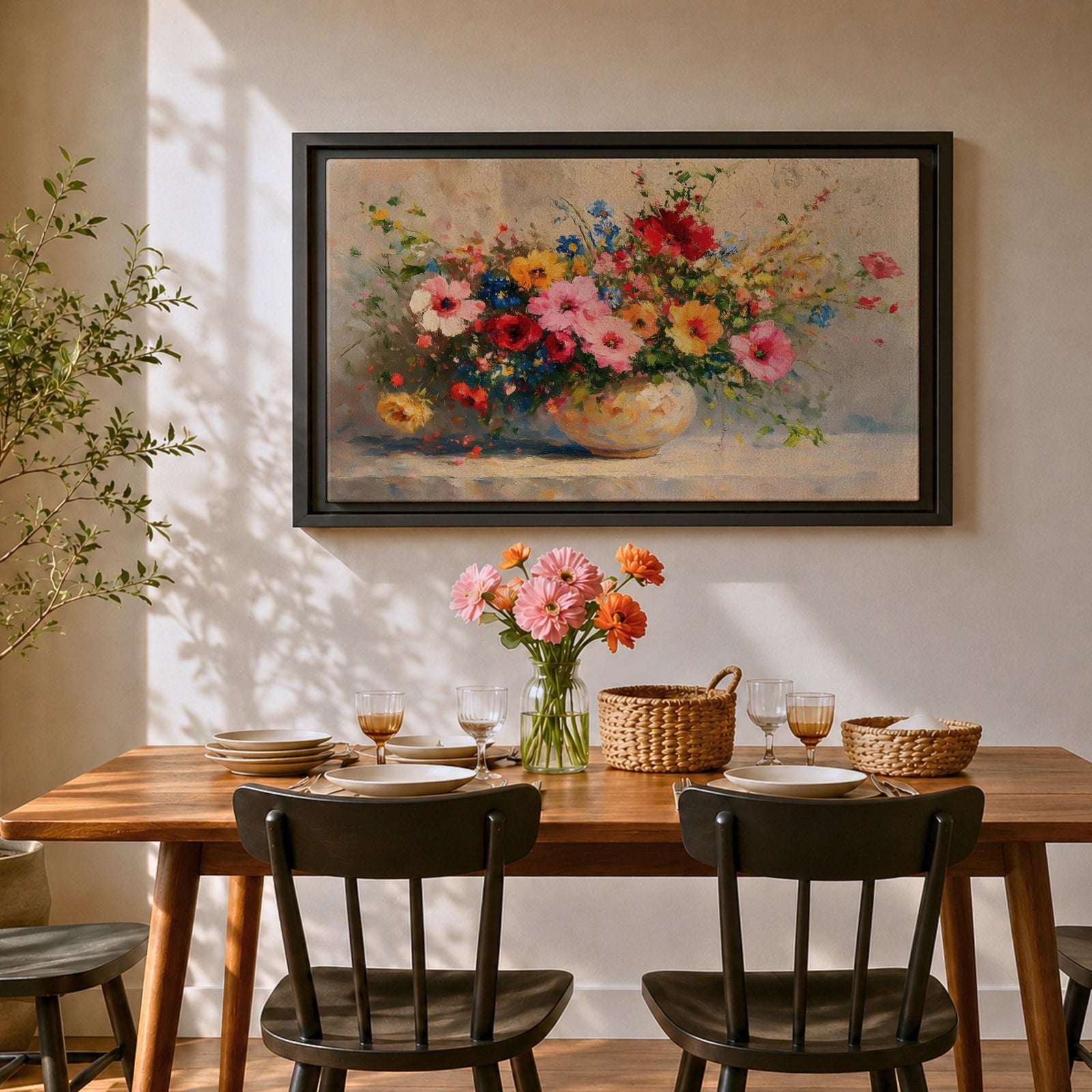 Floral Bouquet Wall Art Flower Vase Framed Canvas Botanical Impasto Garden Kitchen Decor