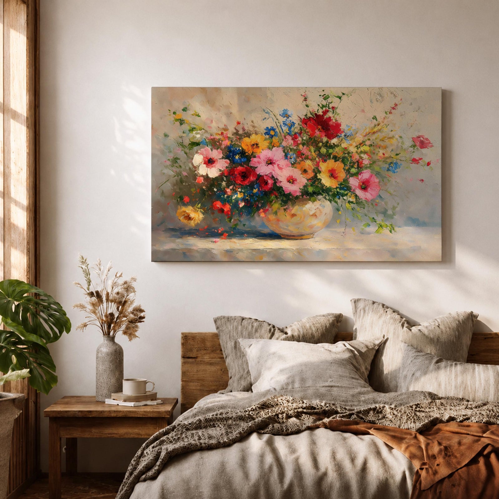 Floral Bouquet Wall Art Flower Vase Framed Canvas Botanical Impasto Garden Kitchen Decor