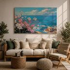 Coastal Flower Wall Art Beach Blossoms Framed Canvas Nautical Ocean Impasto Bedroom Decor