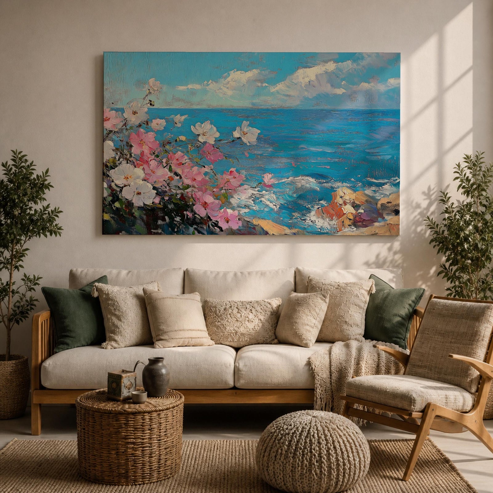 Coastal Flower Wall Art Beach Blossoms Framed Canvas Nautical Ocean Impasto Bedroom Decor