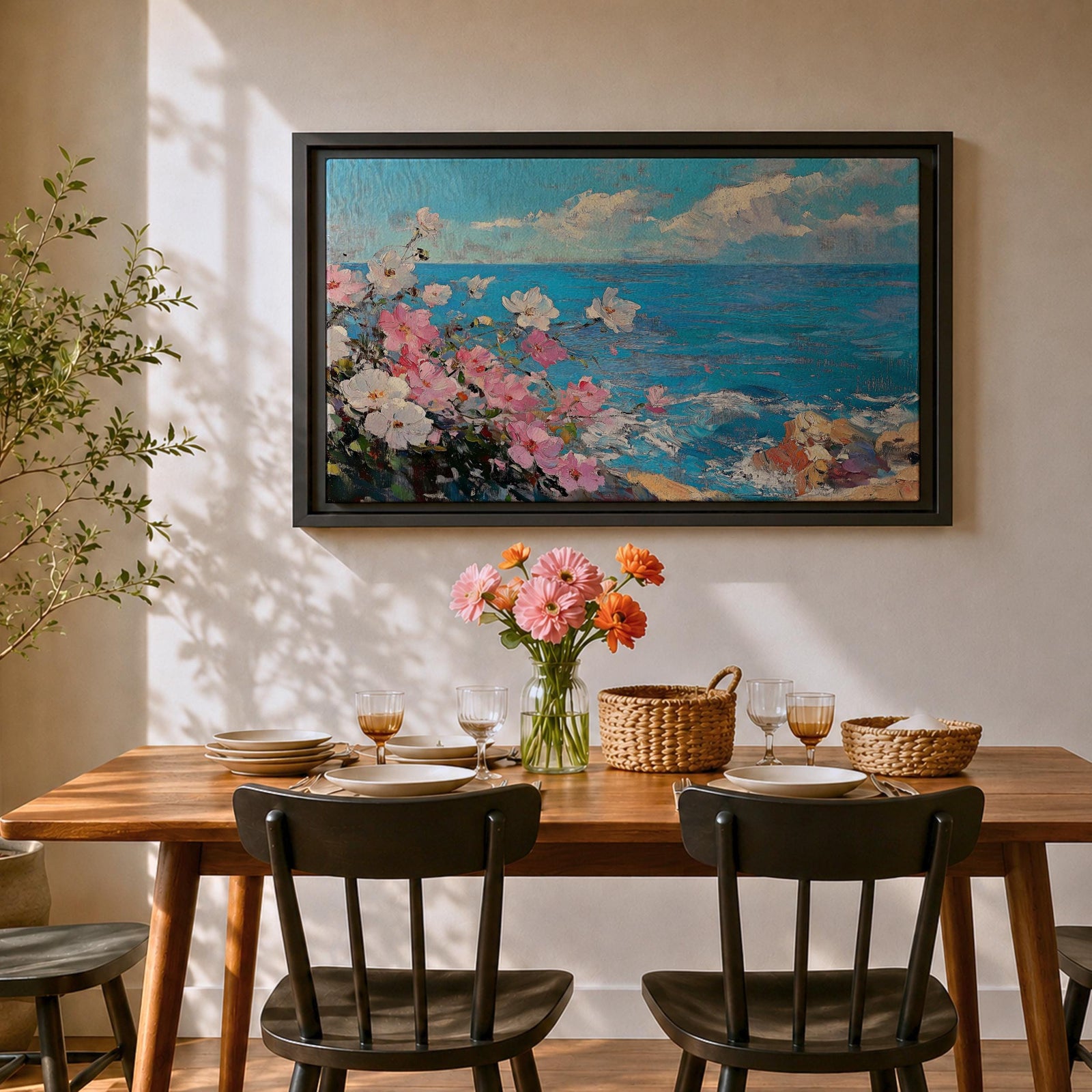 Coastal Flower Wall Art Beach Blossoms Framed Canvas Nautical Ocean Impasto Bedroom Decor