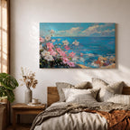 Coastal Flower Wall Art Beach Blossoms Framed Canvas Nautical Ocean Impasto Bedroom Decor