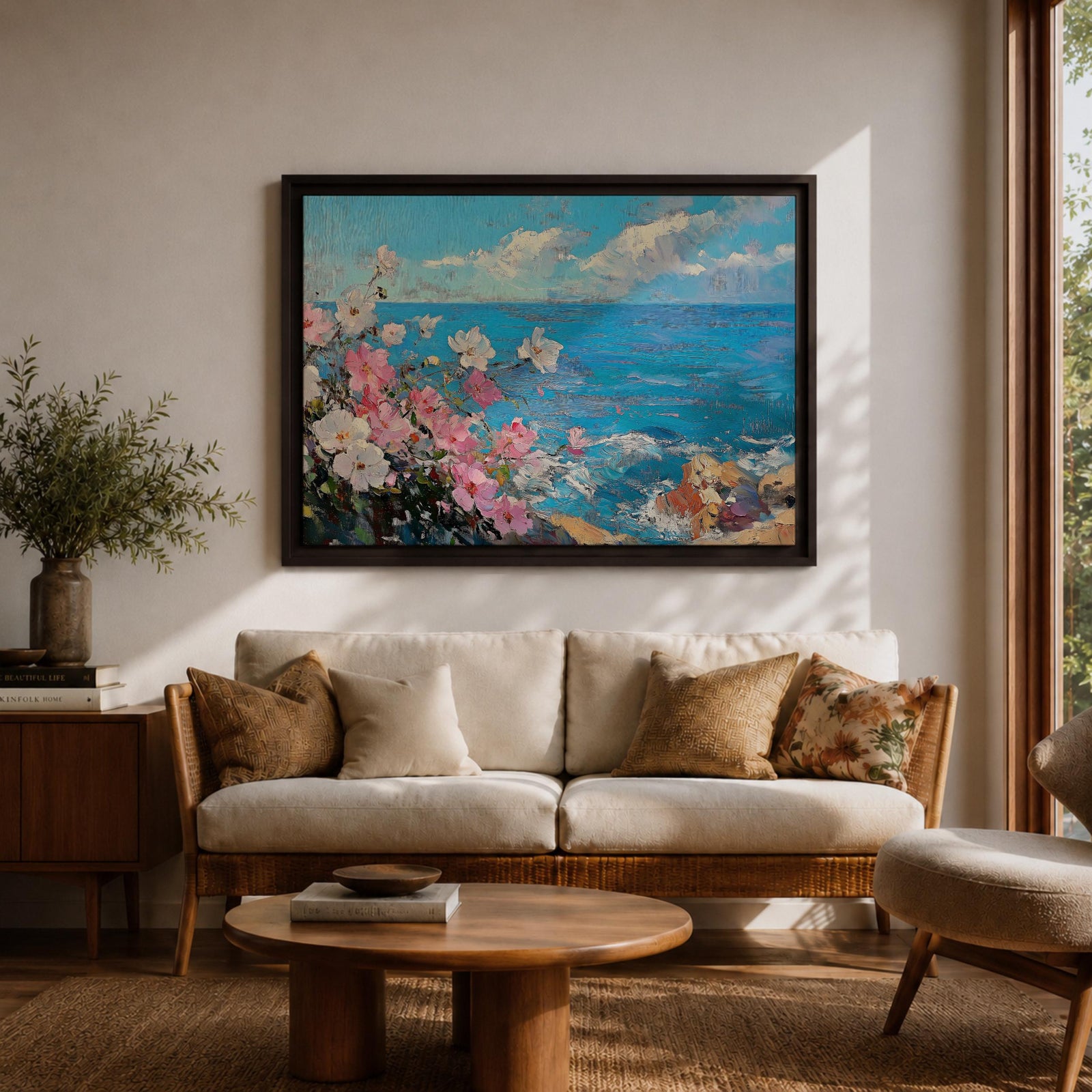 Coastal Flower Wall Art Beach Blossoms Framed Canvas Nautical Ocean Impasto Bedroom Decor