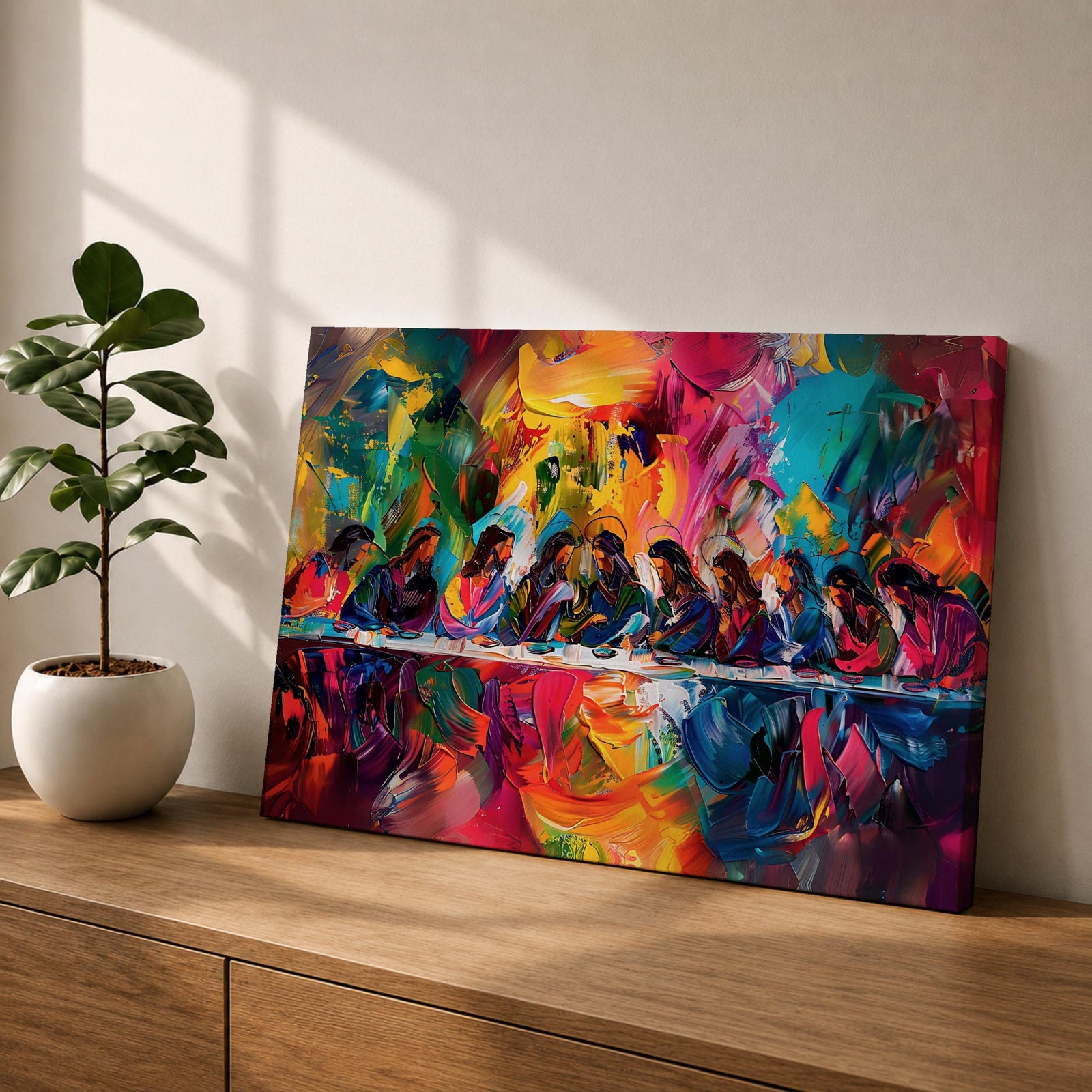 Last Supper Wall Art Jesus and Apostles Framed Canvas Colorful Abstract Christian Home Decor