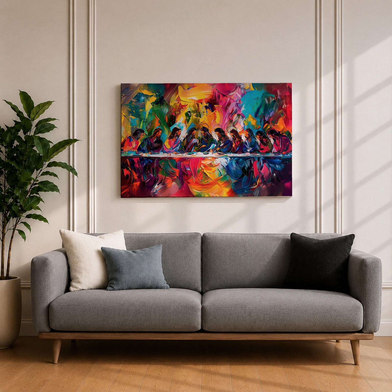 Last Supper Wall Art Jesus and Apostles Framed Canvas Colorful Abstract Christian Home Decor