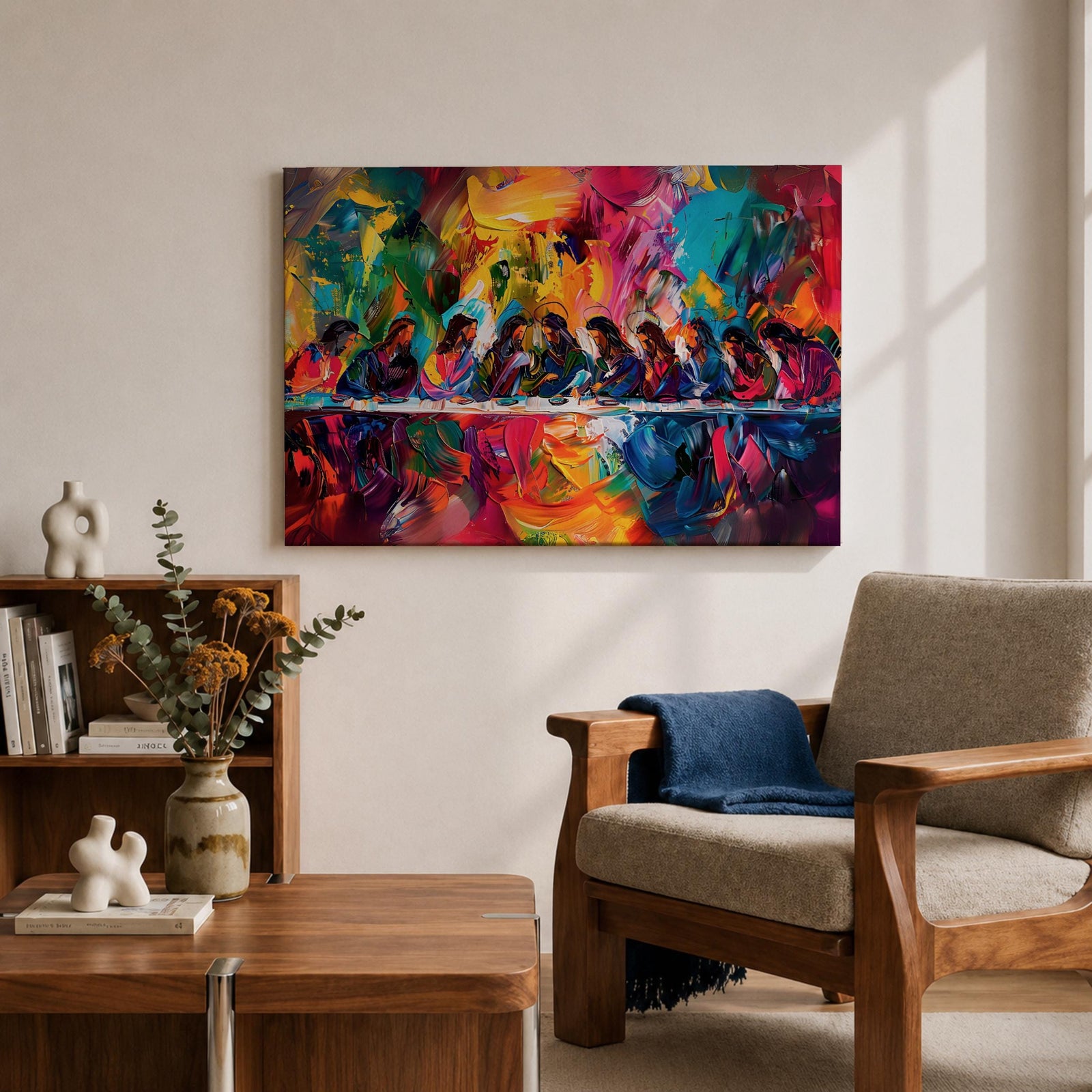 Last Supper Wall Art Jesus and Apostles Framed Canvas Colorful Abstract Christian Home Decor