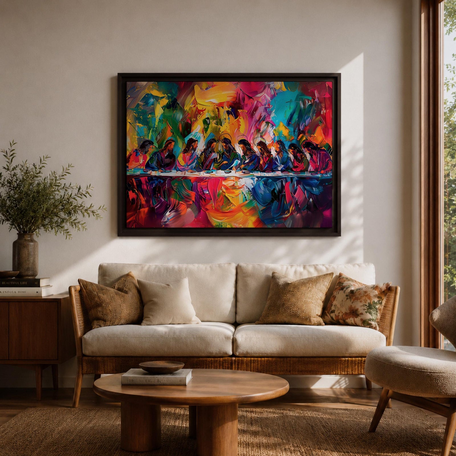 Last Supper Wall Art Jesus and Apostles Framed Canvas Colorful Abstract Christian Home Decor