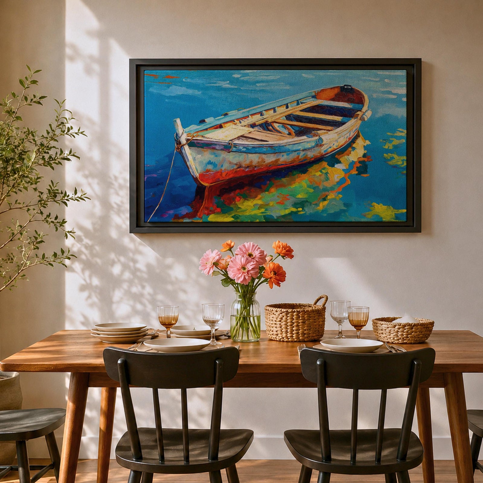 Rowboat Wall Art Dinghy Framed Canvas Nautical Seascape Harbor Coastal Boho Home Decor