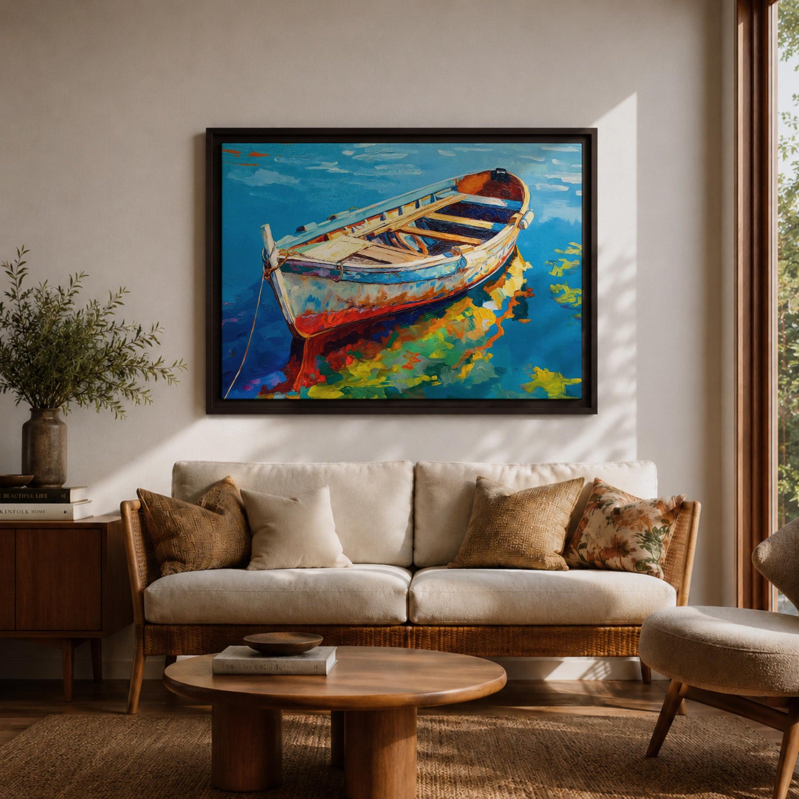 Rowboat Wall Art Dinghy Framed Canvas Nautical Seascape Harbor Coastal Boho Home Decor