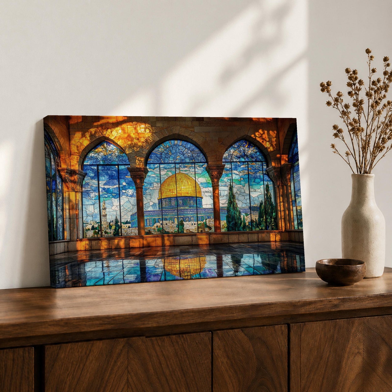 Dome Rock Wall Art Arch View Framed Canvas Qubbat Sakhra Stained Glass Muslim Decor