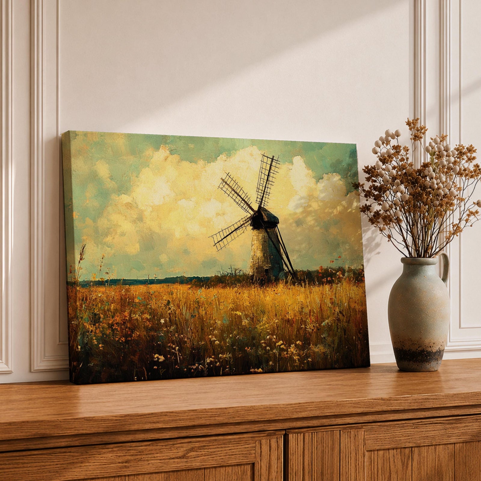 Windmill Wall Art Rustic Farm Framed Canvas Farmhouse Meadow Vintage Countryside Landscape Home Decor