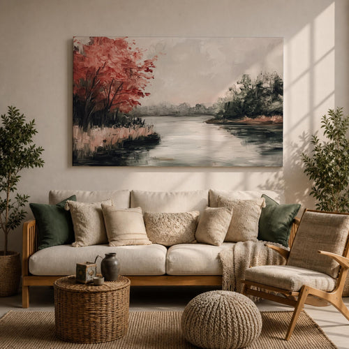 Autumn Landscape Wall Art Fall Foliage Framed Canvas Riverside Vintage Rustic Cottage Home Decor