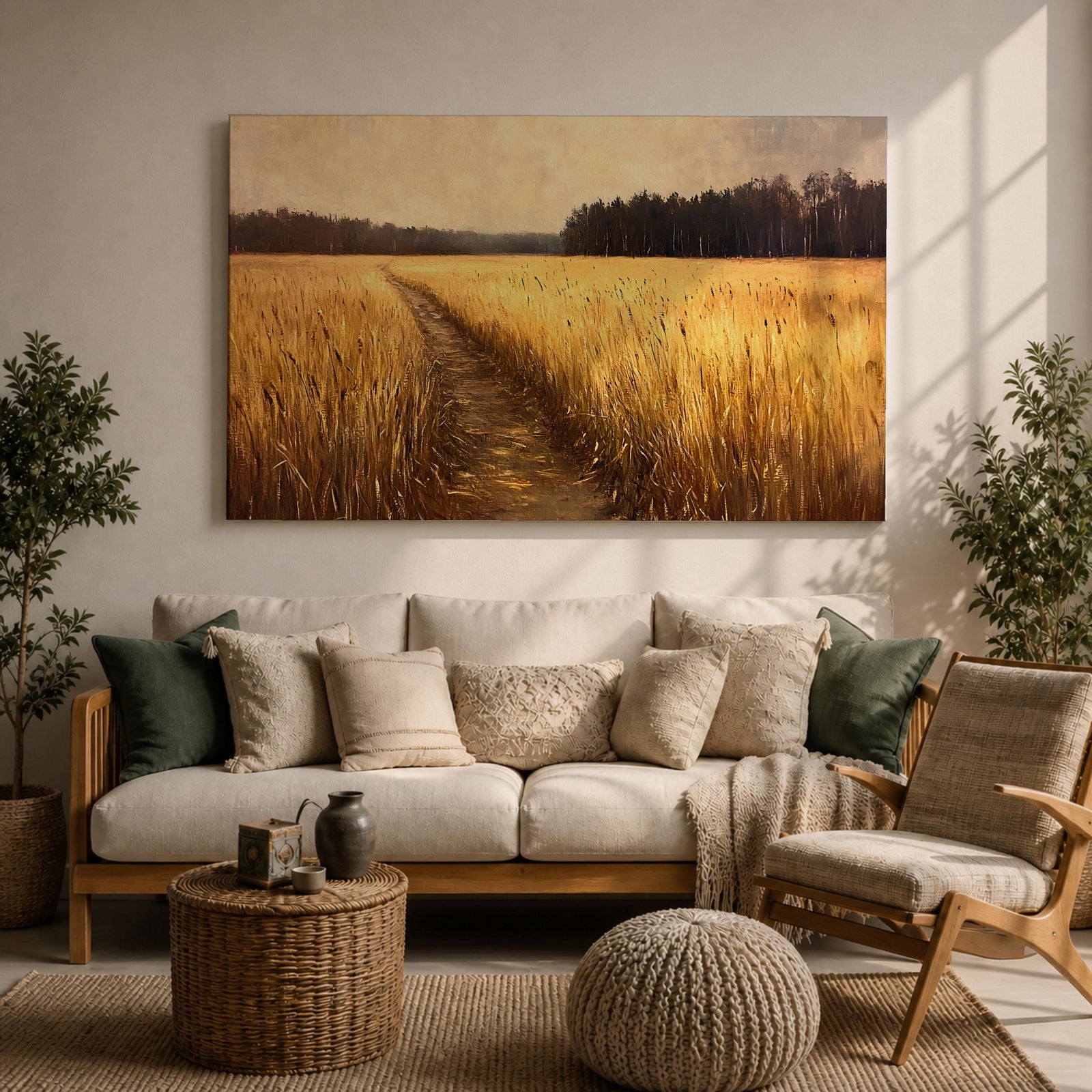 Wheat Field Wall Art Prairie Framed Canvas Panoramic Path Rustic Farmhouse Home Decor