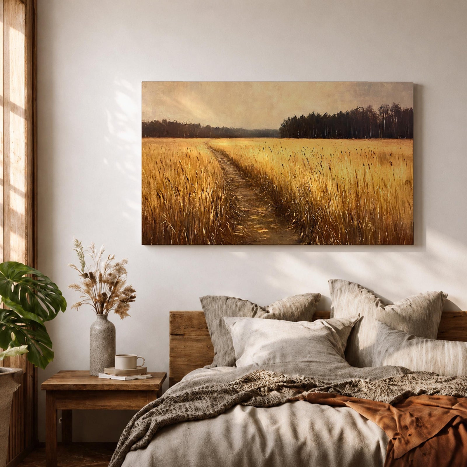 Wheat Field Wall Art Prairie Framed Canvas Panoramic Path Rustic Farmhouse Home Decor