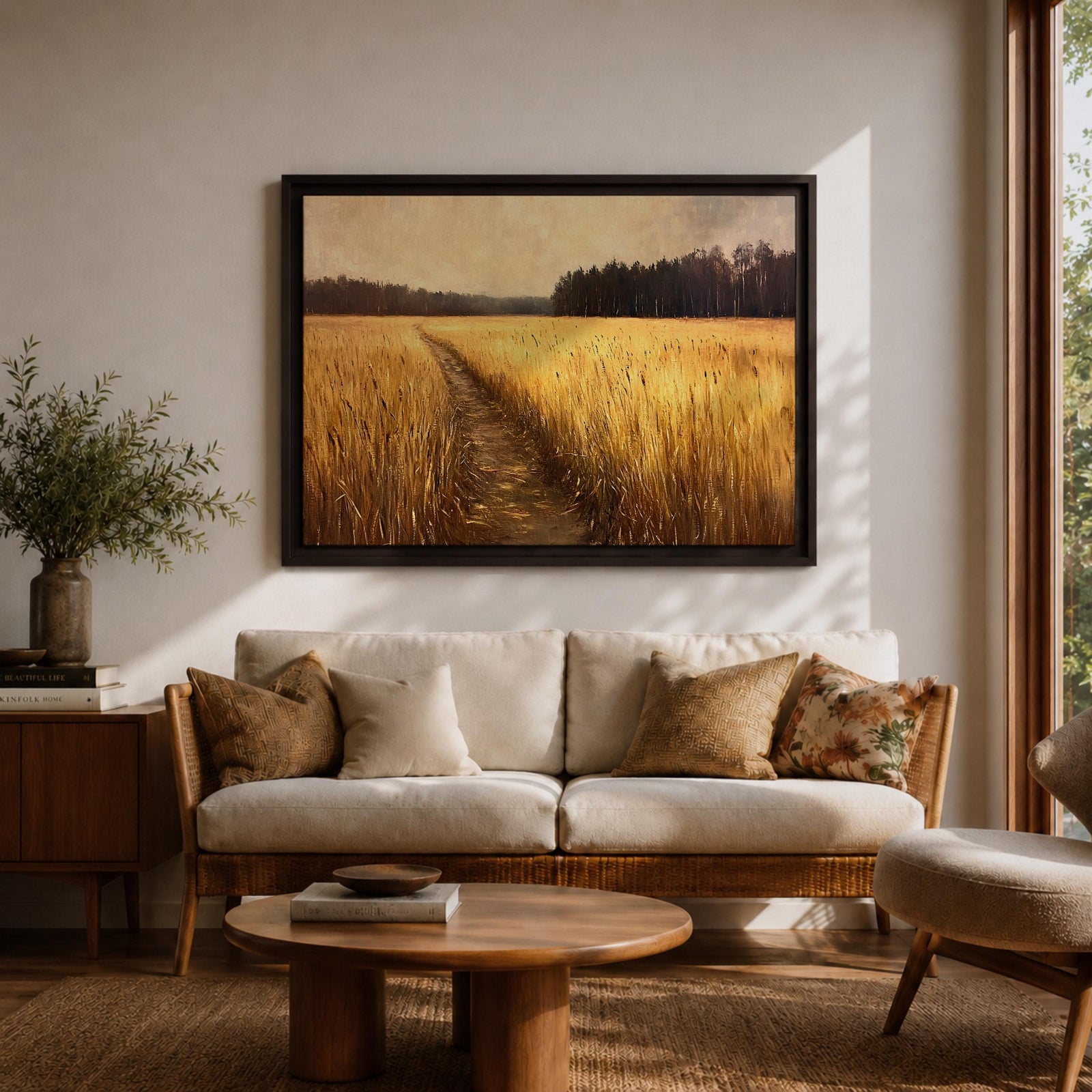 Wheat Field Wall Art Prairie Framed Canvas Panoramic Path Rustic Farmhouse Home Decor