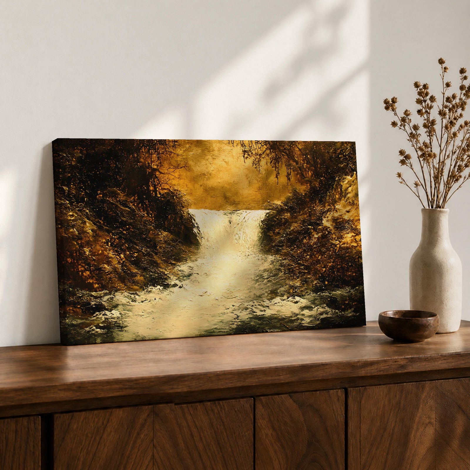 Waterfall Wall Art Cascade Framed Canvas Golden Falls Rustic Vintage Landscape Home Decor