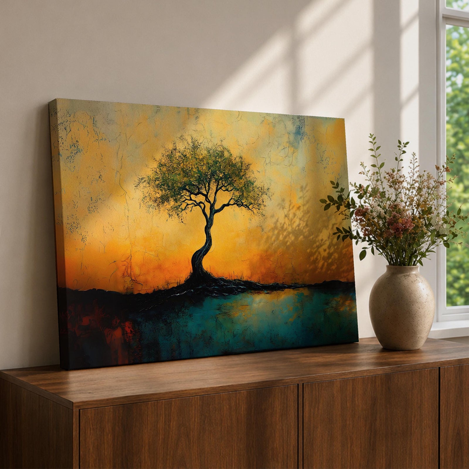 Lone Tree Wall Art Golden Dusk Framed Canvas Rustic Boho Sunset Vintage Nature Decor