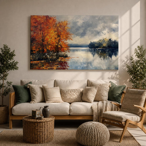 Autumn Lake Wall Art Fall Foliage Framed Canvas Rustic Cabin Vintage Nature Home Decor
