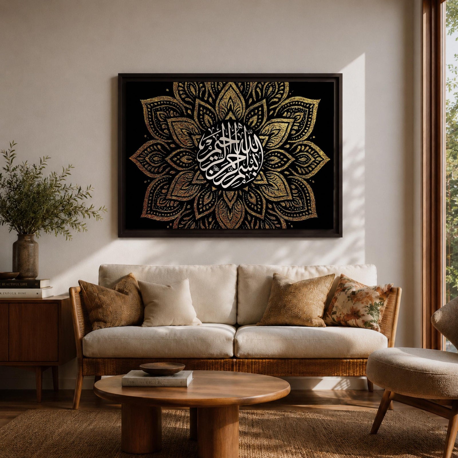 Shahada Wall Art Arabic Calligraphy Framed Canvas Gold Mandala Geometric Muslim Home Decor