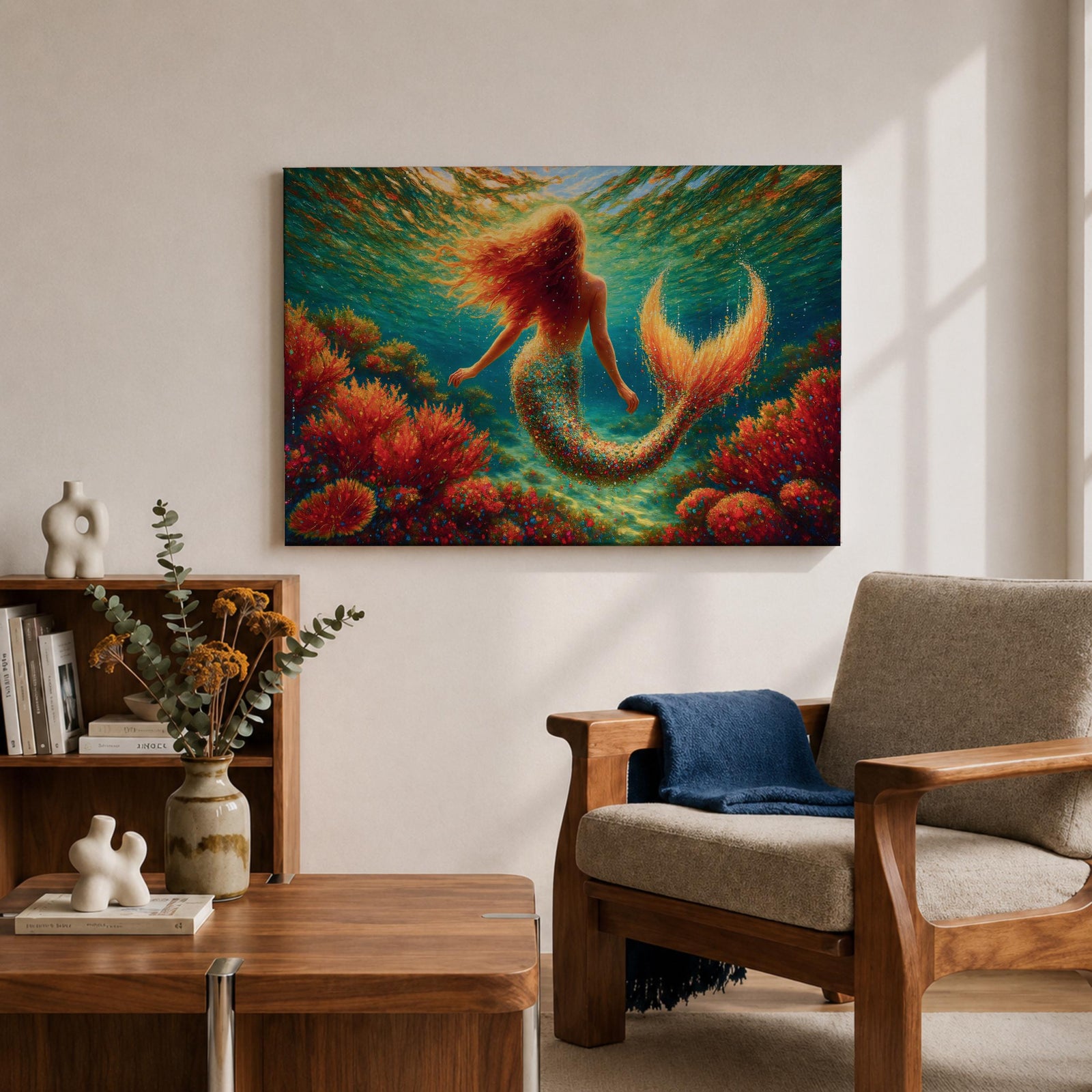 Mermaid Wall Art Sea Maiden Framed Canvas Ocean Fantasy Mythology Boho Home Decor