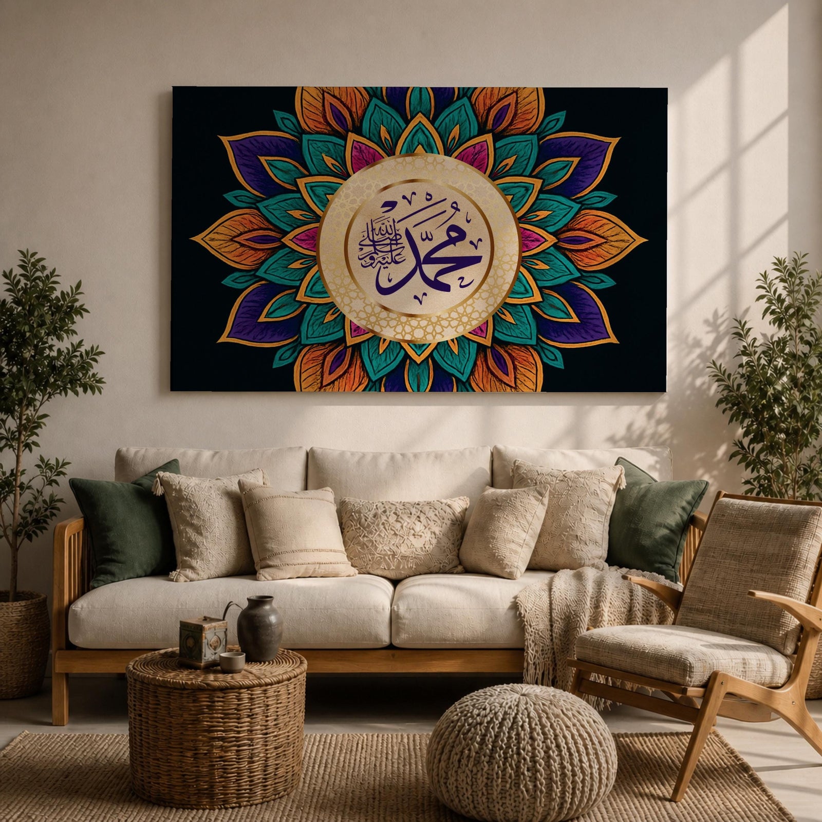 Muhammad Wall Art Colorful Mandala Framed Canvas Arabic Calligraphy Geometric Muslim Home Decor