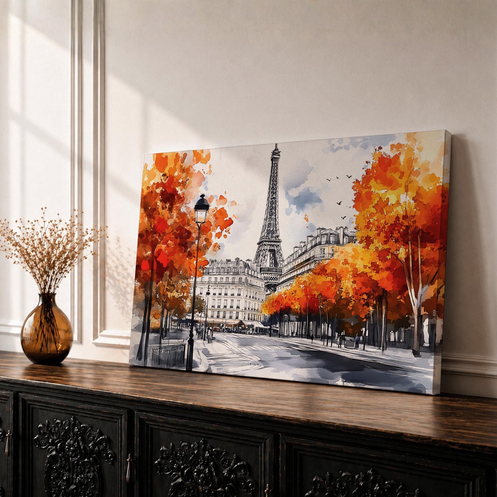 Eiffel Tower Wall Art Paris Cityscape Framed Canvas Autumn Sunset Vintage France Home Decor