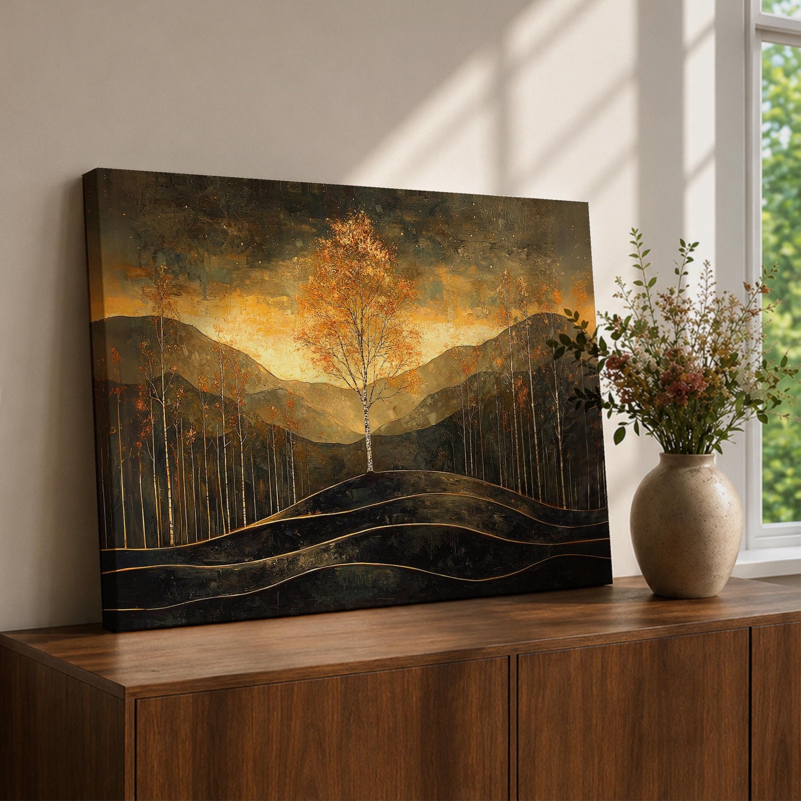Autumn Tree Wall Art Golden Fall Framed Canvas Mountain Landscape Vintage Home Decor