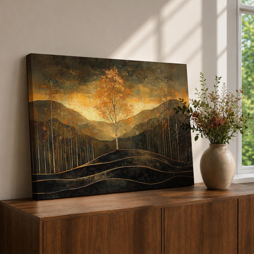 Autumn Tree Wall Art Golden Fall Framed Canvas Mountain Landscape Vintage Home Decor