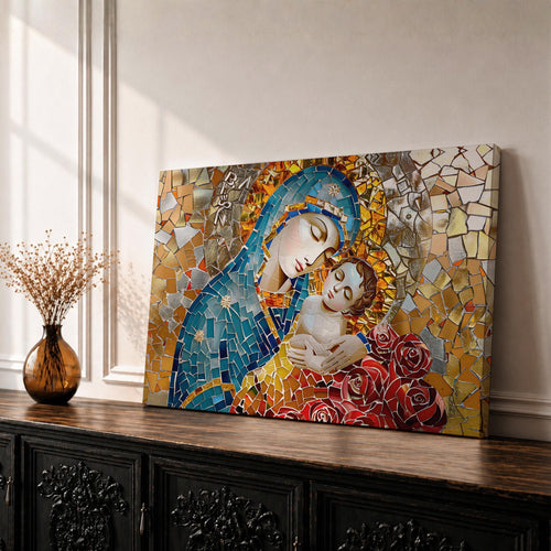 Blessed Virgin Mary Wall Art Madonna and Child Framed Canvas Catholic Mosaic Home Decor