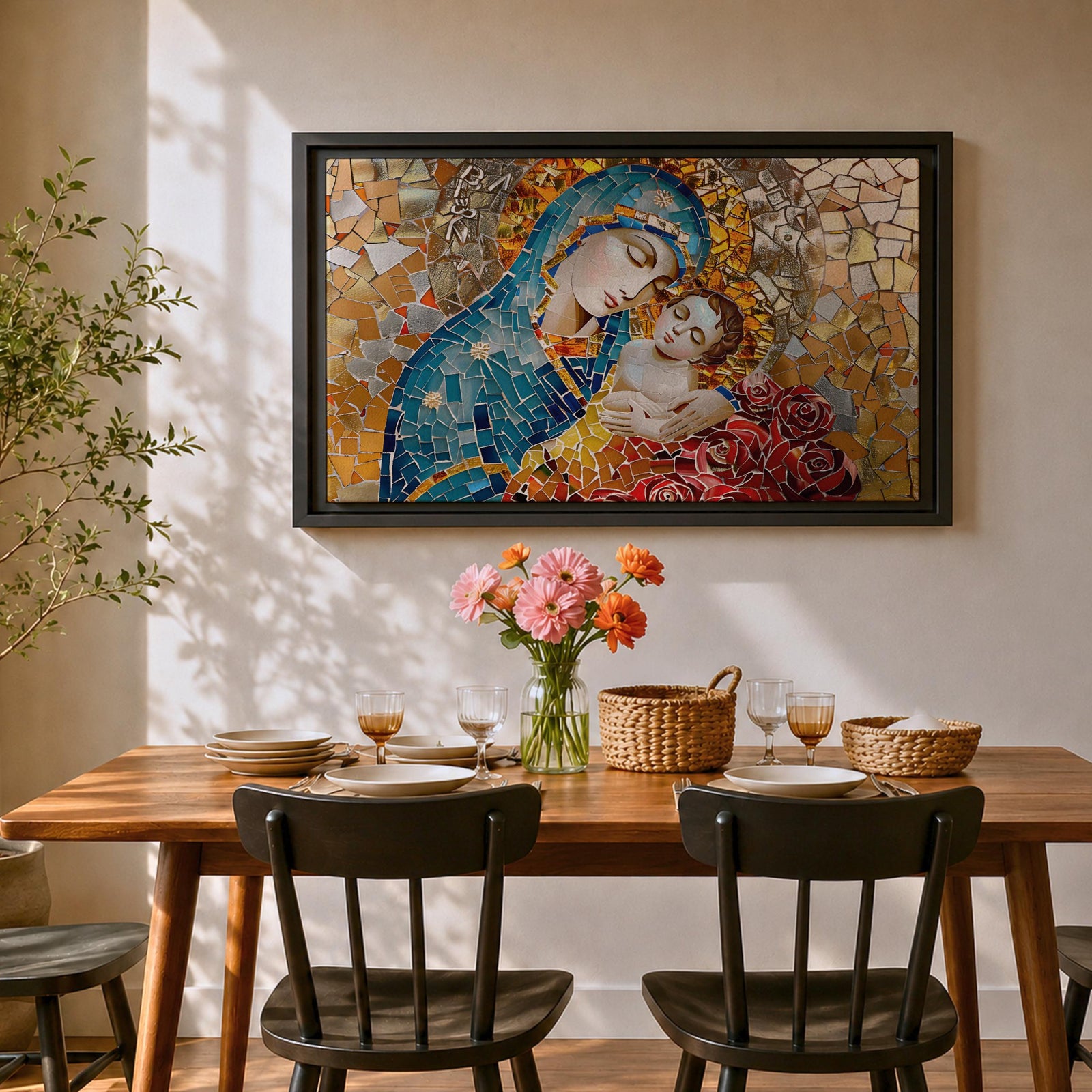 Blessed Virgin Mary Wall Art Madonna and Child Framed Canvas Catholic Mosaic Home Decor