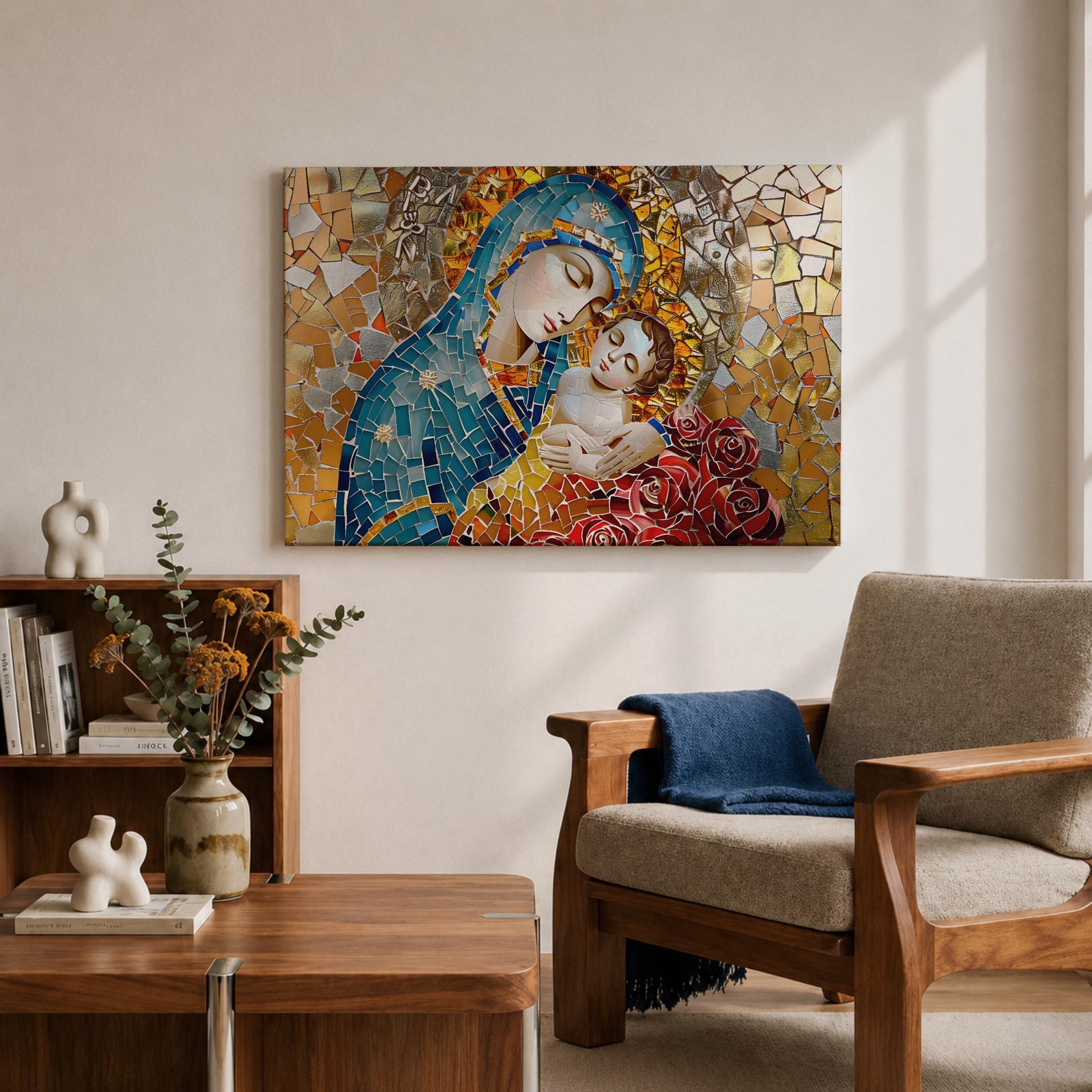 Blessed Virgin Mary Wall Art Madonna and Child Framed Canvas Catholic Mosaic Home Decor