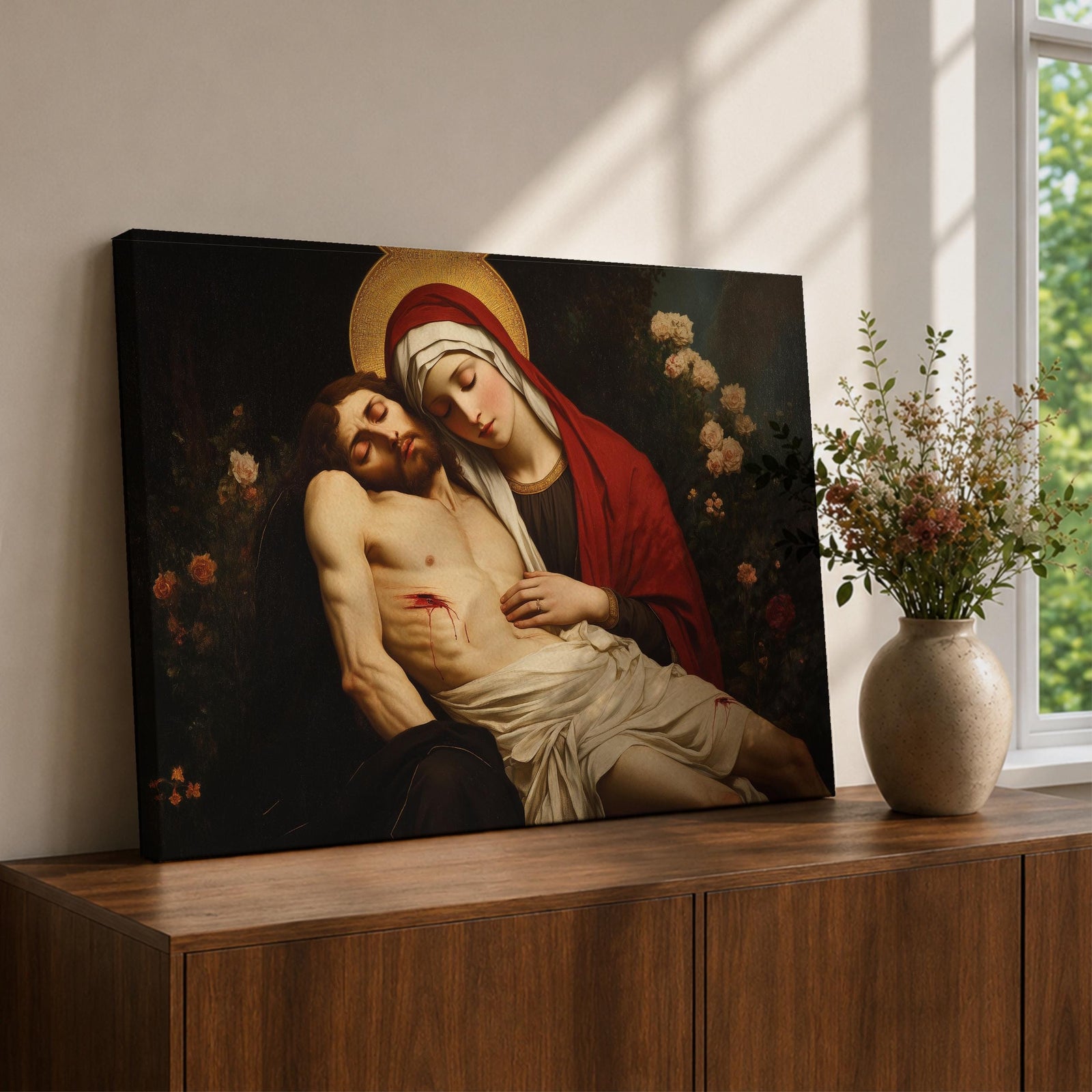 Pieta Wall Art Mary and Jesus Framed Canvas Catholic Vintage Religious Gift Home Decora