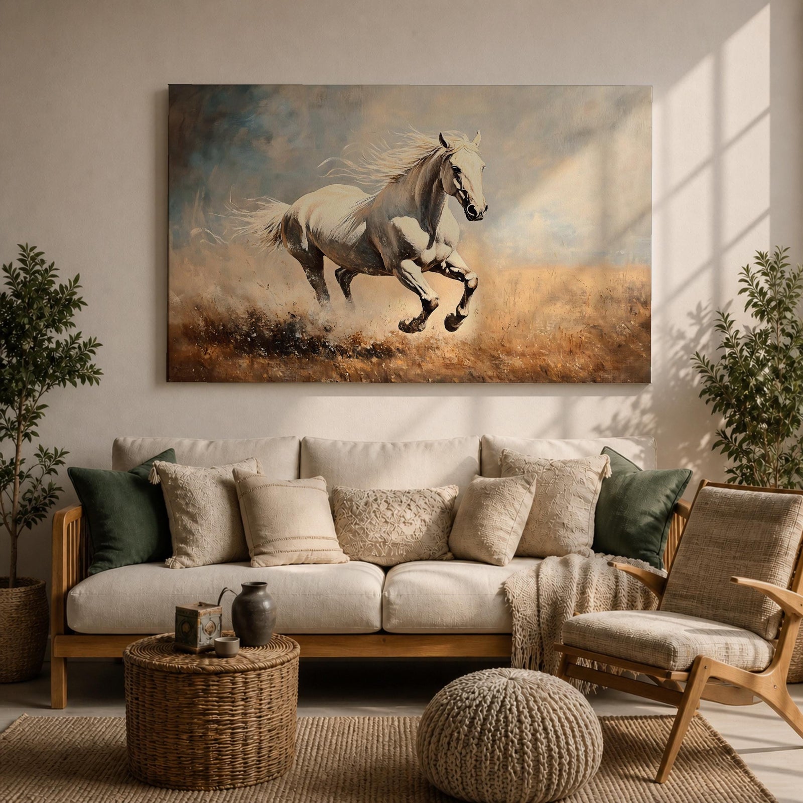 White Stallion Wall Art Mustang Framed Canvas Wild Spirit Running Western Rustic Home Decor