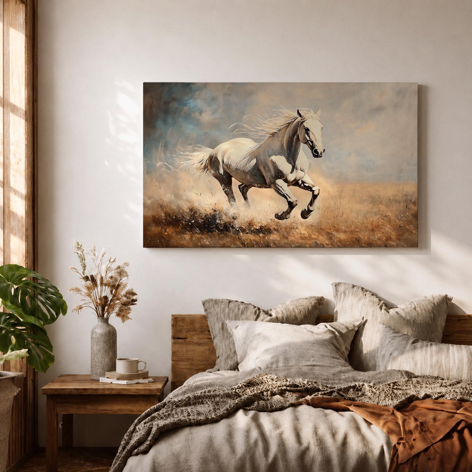 White Stallion Wall Art Mustang Framed Canvas Wild Spirit Running Western Rustic Home Decor
