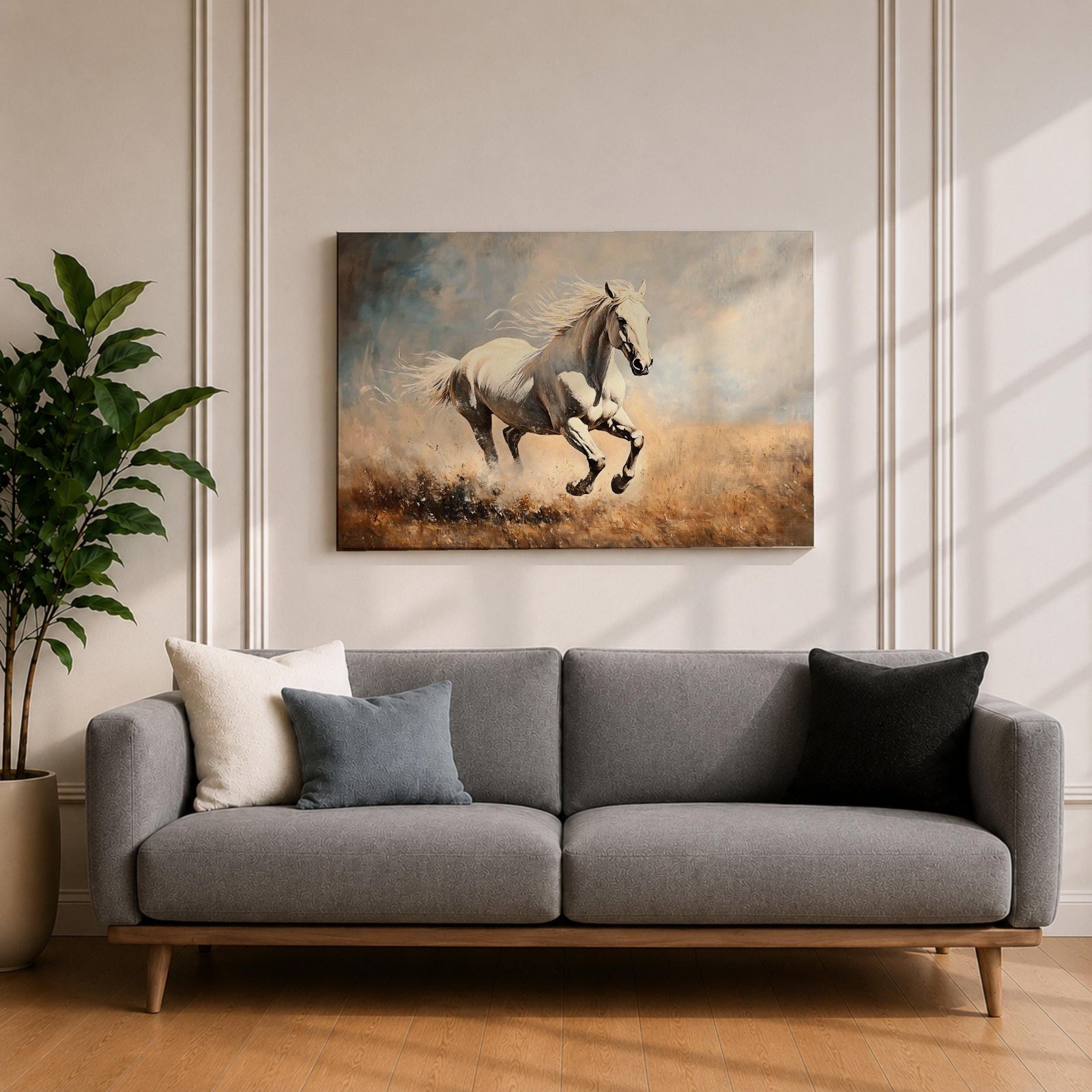 White Stallion Wall Art Mustang Framed Canvas Wild Spirit Running Western Rustic Home Decor